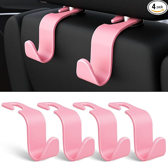 4-Pack Car Headrest Hooks Holds 55lbs Seat Storage Organizer for Bags | Durable ABS Material, 360° Rotating, Car Hanger for Backpack Umbrella Water Bottle Coat Purses Handbags Groceries, Pink by Amooca