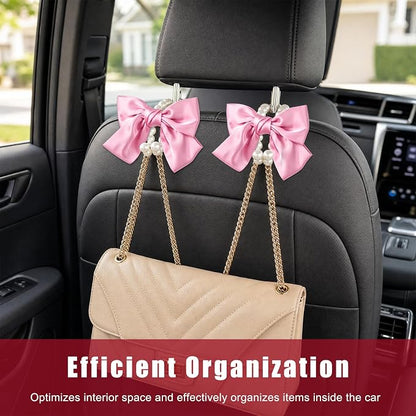 2 PCS Bow Pearl Car Seat Headrest Hook, Car Seatback Hanging Organizer Elegant Pearl Purse Hanger, Cute Bow Vehicle Interior Headrest Storage Hook for Handbag Purse Coat (Pink) - Image 4