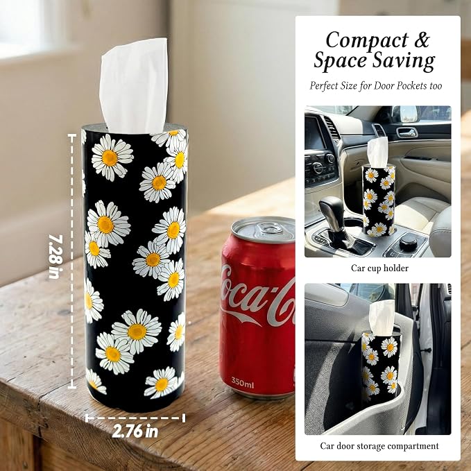 Car Tissues Cylinder for Cup Holder - Refillable Round Tissues Canister with 2 Packs Tissue - Boho Floral Car Interior Accessories for Women & Men - Cute Flower Cars Decorations (Daisy) - Image 6