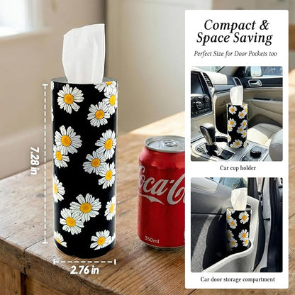 Car Tissues Cylinder for Cup Holder - Refillable Round Tissues Canister with 2 Packs Tissue - Boho Floral Car Interior Accessories for Women & Men - Cute Flower Cars Decorations (Daisy) - Image 6