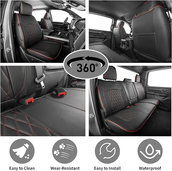 EKR Ram 1500 Seat Covers Custom Fit for (Quad Cab) RAM 1500 Classic Tradesman/Warlock/SLT/Express 2019-2024,Waterproof Black Car Seat Cover for Trucks Full Set-Faux Leather(Black with Red Piping) - Image 6
