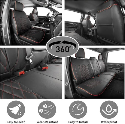 EKR Ram 1500 Seat Covers Custom Fit for (Quad Cab) RAM 1500 Classic Tradesman/Warlock/SLT/Express 2019-2024,Waterproof Black Car Seat Cover for Trucks Full Set-Faux Leather(Black with Red Piping) - Image 6
