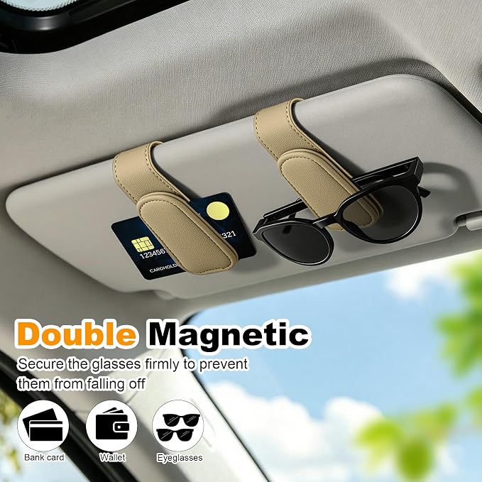 2 Pack Sunglass Holder for Car Visor Magnetic Leather Visor Sunglasses Clip Eyeglass Hanger Clip for Car Sun Visor Beige - Image 8