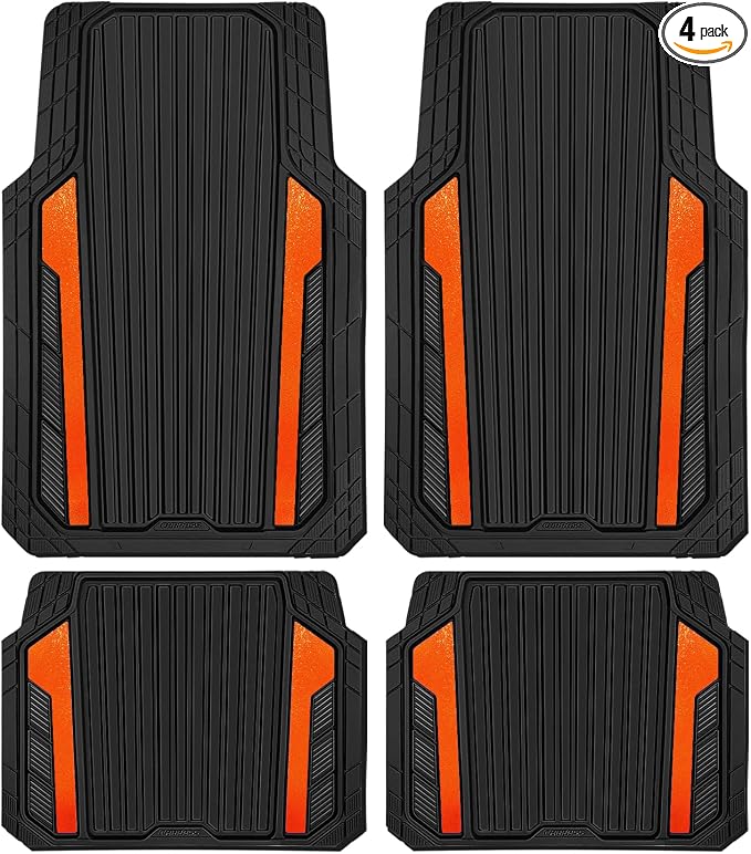CAR PASS Heavy Duty Rubber Car Mats Metallic, Aluminum Film All Weather Floor Mats Waterproof Universal Trim to Fit SUVs Sedans Vans 4 Piece Anodized Deep Dish Two-Tone Sporty Black Orange Chrome by CARPASS