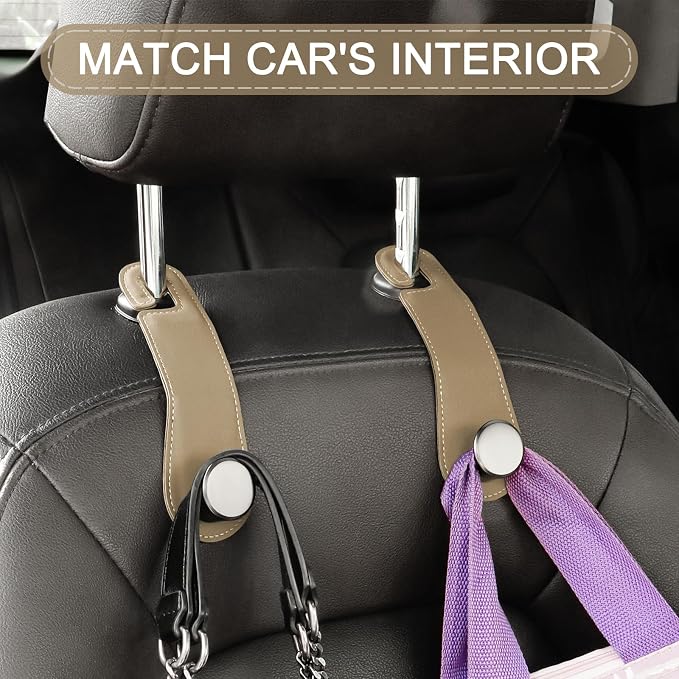 JESTOP Car Headrest Hooks 2 Pack Leather Car Seat Storage Hangers, Apricot | Stylish Leather & Alloy Car Seat Organizer Hooks for Purses Bags Handbag Coat Umbrellas, Car Inside Accessories, Up to 44lb - Image 6