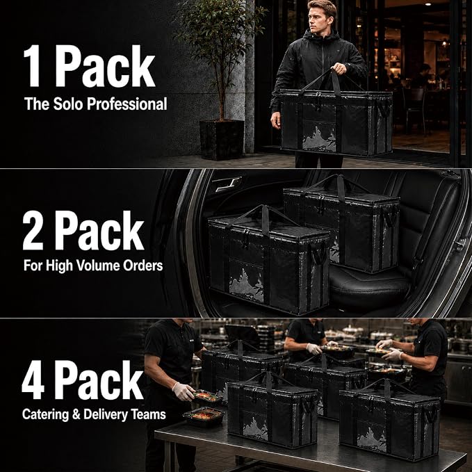 NZ home PRO Large Insulated Food Delivery Bag (3XL, Black, 4 Pack) | Thermal bag, For cold & hot food, Water-resistant, Portable cooler, Soft sided catering tote, Grocery bag with zippered top - Image 9