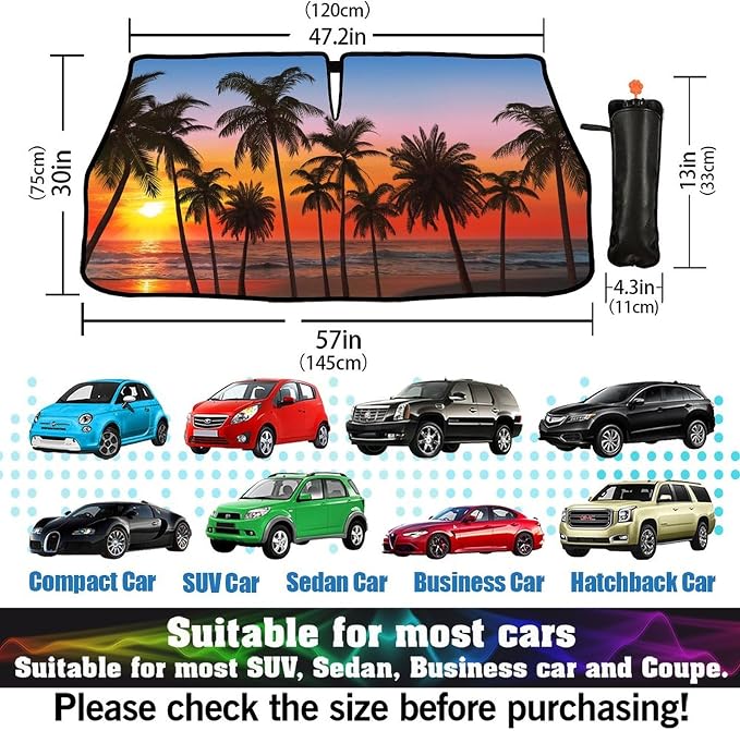 Palm Trees Sunset Car Windshield Sun Shade Umbrella Bendable Handle Foldable Tropical Beach Sunset Sunshade for Car Front Windshield Block UV Rays Keep Vehicle Cool 57"x30" - Image 6