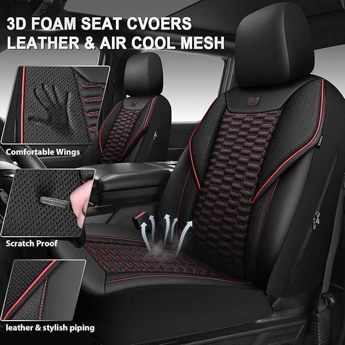 CAR PASS 3D Foam Mesh Leather Car Seat Covers Front Seats, Air Cool Mesh Front Seat Covers for Car, Universal Fit for SUV Truck Sedan Automotive, Armrest Airbag Compatible,Black and Red - Image 4