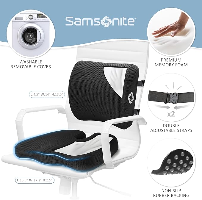 Samsonite Ergonomic Seat Cushion and Lumbar Support Cushion Combo, Memory Foam Office Chair for Back Support, Car Seat and Wheelchair Ergonomic Pillow, Premium Home and Office Desk Accessories - Image 5