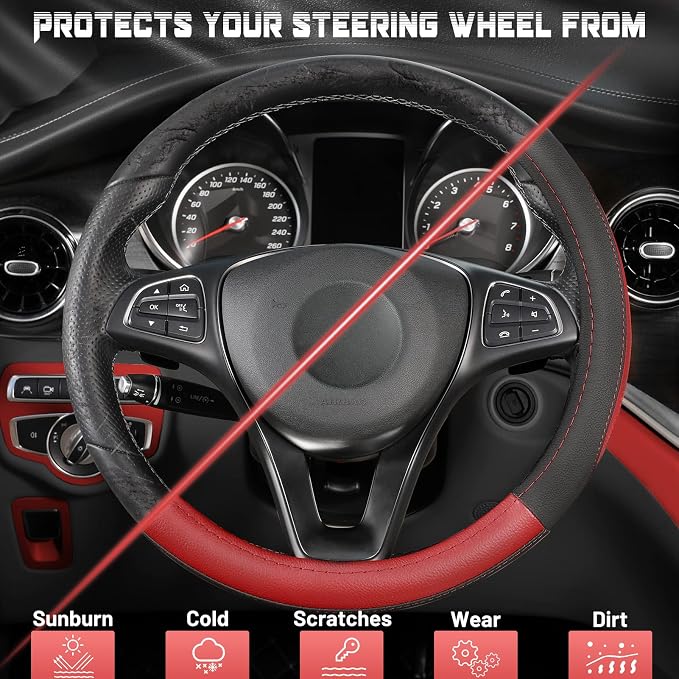SEG Direct Steering Wheel Cover 14.5-15 inch Car Auto Interior Accessories | Universal Medium Standard Size 37-39cm for Car Truck SUV, Microfiber Leather, Anti-Slip Comfortable Grip, Black and Red - Image 4