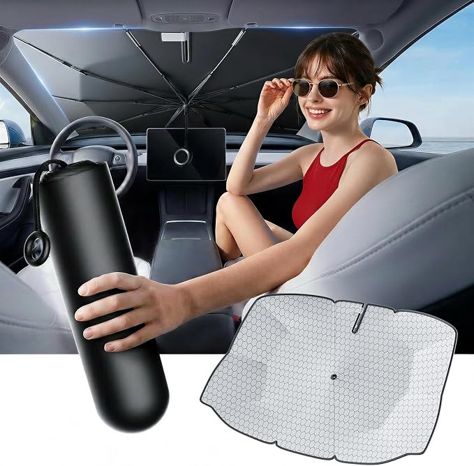 Windshield Sun Shade Umbrella, 56.3 x 30.7 in, Foldable, Graphene | Graphene-Coated UV Heat Blocker, for Cars SUVs Trucks and Vans, Storage Pouch Included, Flexible Interior-Safe Frame by AUTOWOEL