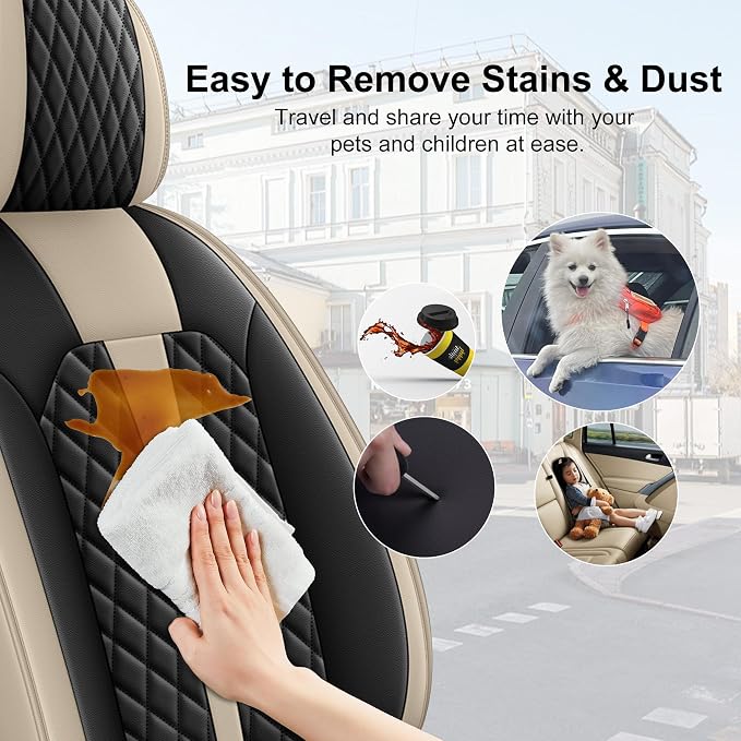IKABEVEM Car Seat Covers Fit for Infiniti M37 2007-2013 | Waterproof Leather, Airbag Compatible, Easy Install & Wipe Car Seat Protector,2 Front Seats Covers Fit for M37, Beige&Black - Image 4