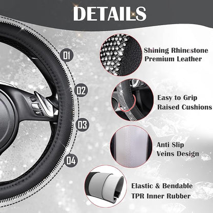 CAR PASS Diamond Black Leather Steering Wheel Cover, with Bling Crystal Rhinestones Universal Fit 14" 1/2-15" Crystal Glitter for Women Sparkle Girl Fit Suvs,Vans,Sedans,Cars,Trucks, White Diamond - Image 5