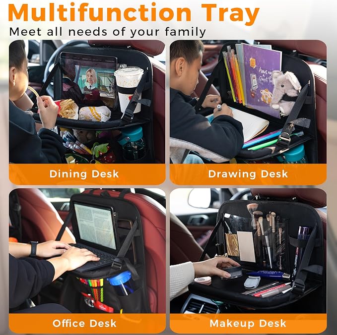 Backseat Car Organizer with Tray, 9 Storage Pockets Back Seat Protector with Foldable Tablet Holder, Waterproof Back of Seat Kick Mats for Kids Adult, Road Trip Essentials Travel 2 Pack, Black - Image 4