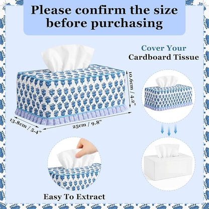 Block Print Fabric Tissue Box Cover, Hydrangea, Royal Blue | Rectangular Ruffle Sleeve, Decorative Holder for Bathroom Vanity Car, Napkin Dispenser Grand Millennial Boho Decor Home - Image 2
