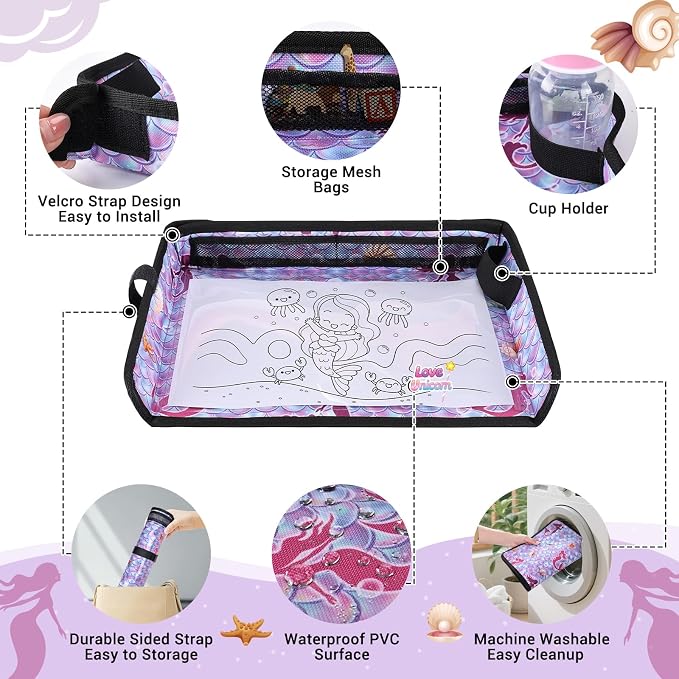 COOLBEBE Airplane Tray Table Cover, Foldable Travel Tray Cover | for Toddlers 1-3, Universal Fit for Airplane, Car Seat, High Chair, Machine Washable, Mermaid - Image 6