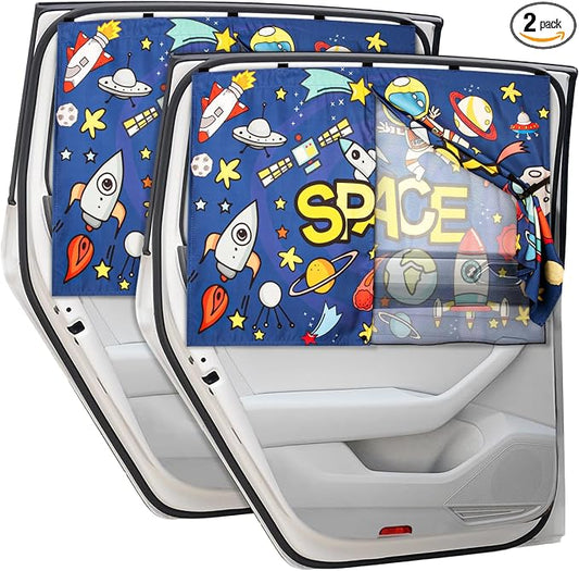 Car Sun Shade Side Window, 2pcs Magnetic Double Layer Car Window Shades for Privacy Full Covers/Half Shade Options Cute Space Pattern Side Window Curtains for Kids by DIZA100