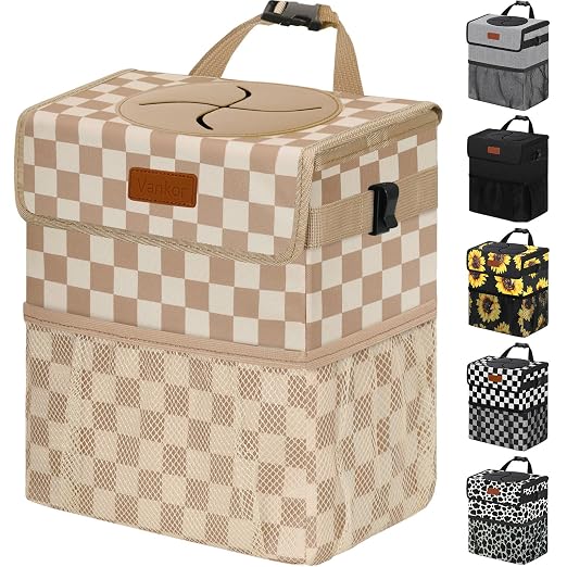 Vankor Car Trash Can with Lid Leak Proof Car Accessories for Women | 3 Gallon Cute Hanging Car Trash Bin for Men Car Truck Vehicle Interior Automotive Garbage Cans, Khaki Checkered by Vankor