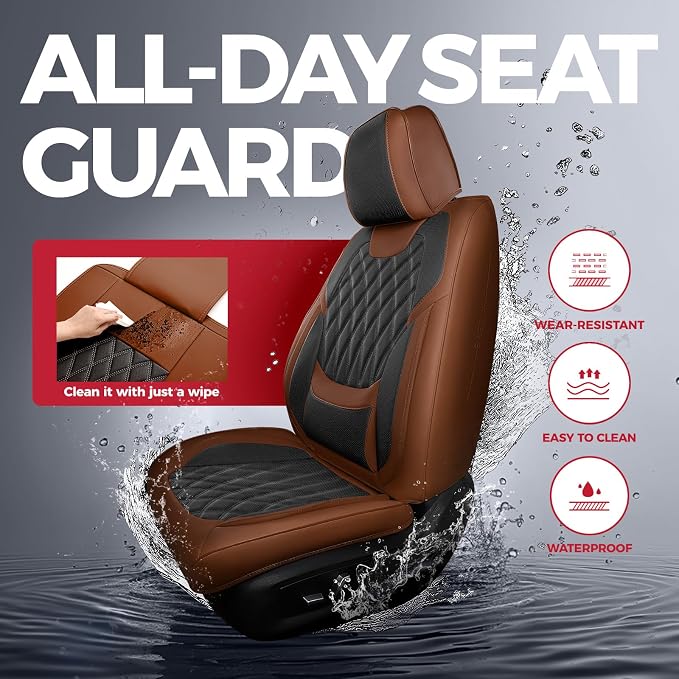 FREESOO Car Seat Covers Full Set Faux Leather Universal Fit Brown Black | faux nappa leather seat covers, waterproof breathable, full set lumbar support, front rear covers, fit sedans suvs pickups - Image 5
