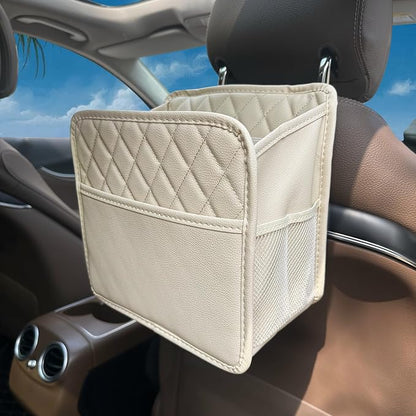 Witaxima Upgrade Car Seat Organizer Backseat with Storage Pockets, Multipurpose Car Organizer Hanging, Car Trash Bag Can,Premium PU Leather Garbage Can 2.14 Gallon Large Capacity Accessories Beige by Witaxima