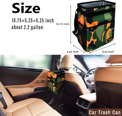 SIBOFUEGO Cute Car Trash Can with Lid – Multipurpose Collapsible Trash Bin for Car, Leak-Proof Organizer, Waterproof Garbage Can with Storage Pockets & Adjustable Straps, 2 Gallons (Camo Orange) - Image 3