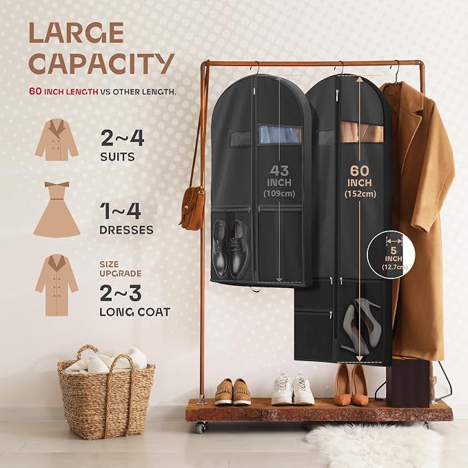 Lazebox 60 inch Garment Bags for Closet Storage and Travel with Zipper Pocket, Heavy Duty Waterproof Hanging Suit Bag with Handles for Suits, Coats, Jackets, Shirts, 1 pack - Image 2