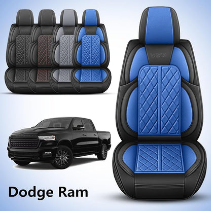 Car Seat Cover Custom Fit for Dodge Ram 1500 2500 3500 2009-2026 Faux Leather Seat Cover Set Compatible with Crew Quad Regular Cab Pickup Truck Cushions (Black & Blue, Full Set, Flat Rear) - Image 2