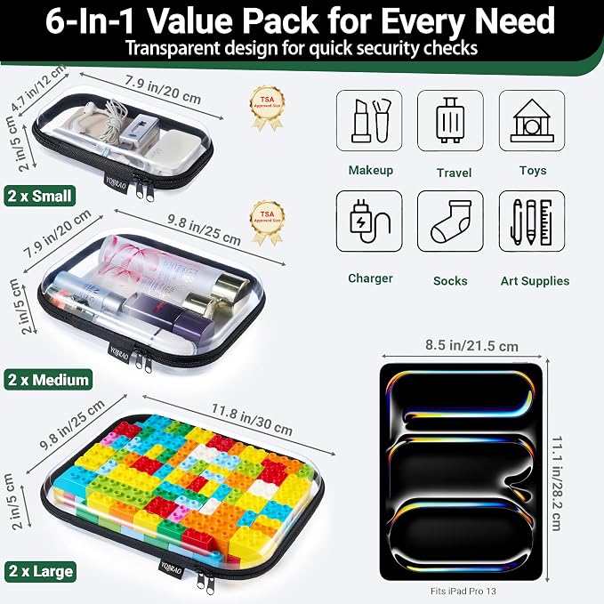 YQBRAO Clear Hard Shell Zipper Cases, 6 Multi-Size Organizers, Black | Rigid clear shells in three practical sizes organize toiletries, cosmetics, cables, stationery and household essentials - Image 4