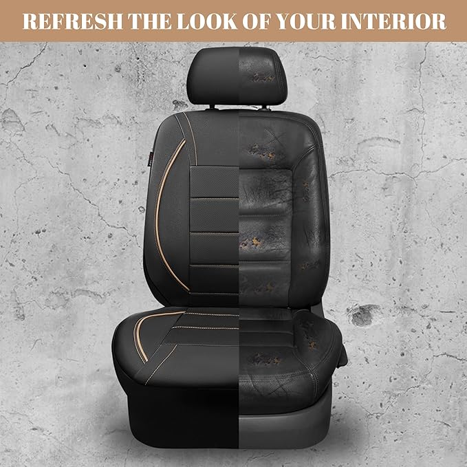 CAR PASS Universal FIT Piping Leather Two Front Seat Covers, Waterproof Faux Leather for SUV Sedan Van Truck, Airbag Compatible,Reserved Opening Holes for Headrest Covers. (Black and Beige) - Image 5