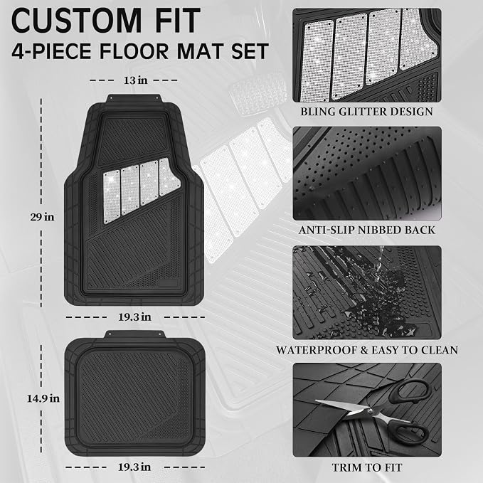 CAR PASS Heavy Duty Rubber Floor Mats 4-Piece Bling Car Mats Full Set - Universal Waterproof Floor Mats for SUV Truck, Durable All Weather Car Mats, Automotive Mats for Women Glitter Silver - Image 2