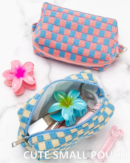 Checkered Makeup Bag for Purse, Small Travel Cosmetic Pouch,Blue Beige | Cute Zipper Makeup Organizer for Women, Travel Essentials, Toiletries, Makeup Brushes, Beauty Accessories&Bridesmaid Gifts - Image 8