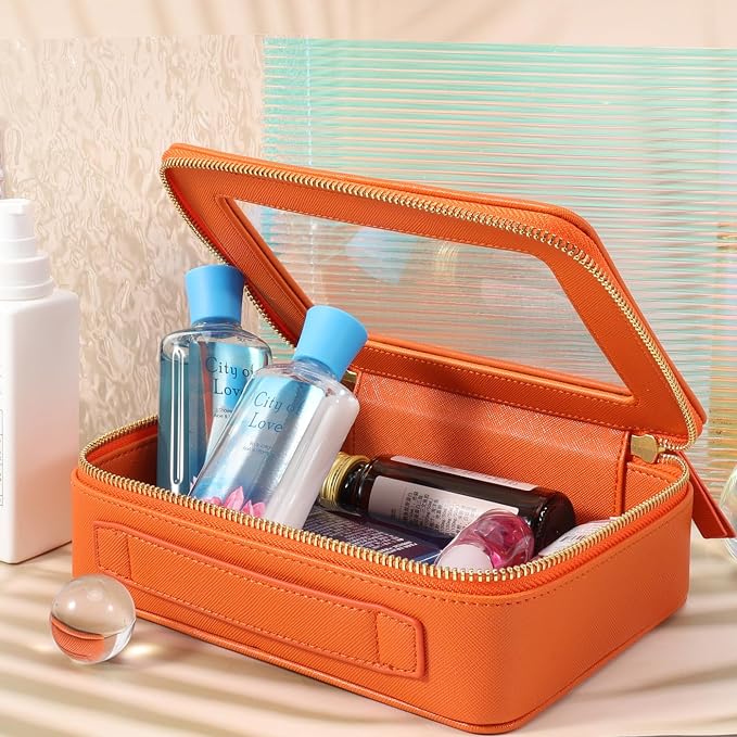 SANHECUN Toiletry bag waterproof cosmetic organizer with with handle large opening for travelling car organizers (Orange) - Image 5