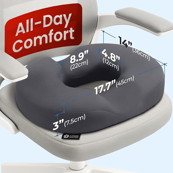 5 STARS UNITED Donut Pillow for Tailbone Pain & Hemorrhoids – Large Memory Foam Lifting Cushion for Bed Sore-Prone Areas & Pressure Relief – Prostate, Postpartum & Pregnancy Support, Gray Mesh Cover - Image 2