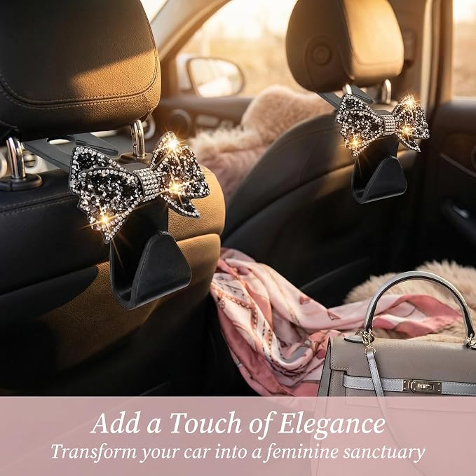 2 PCS Bling Car Seat Headrest Hooks, Crystal Rhinestone Bow Car Purse Hooks, Vehicle Seat Back Storage Hook for Handbag Purse Coat Grocery, Universal for SUV Truck Sedan (Black) - Image 4