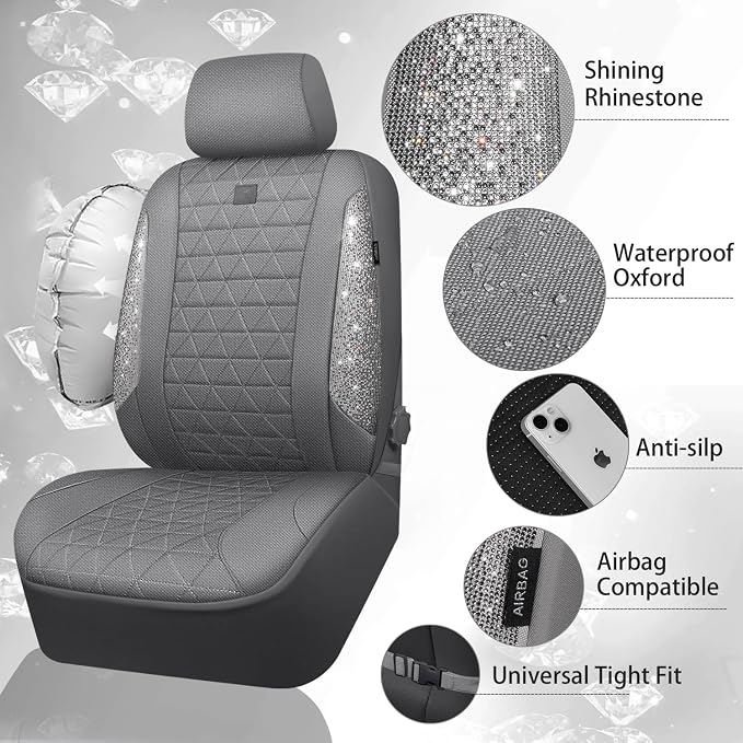 CAR PASS Gray Oxford Bling Diamond Car Seat Covers Full Set Interior Sets, Waterproof Shining Glitter Sparkly Crystal Universal Armrest Fit 95% Automotive Truck SUV Cute Women Girl, Gray Rhinestone - Image 4
