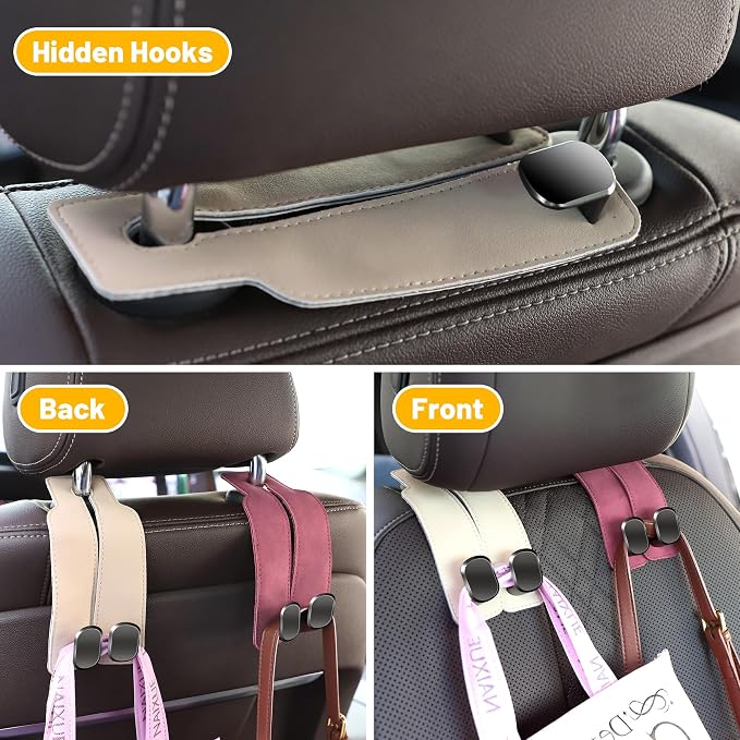 Amelity Car Headrest Hooks, Purse Hook for Car 2 Pack Beige | Universal Car Interior Accessories for Women, Available in 2/4 Pack, Storage Hanger Holds Purses, Backpacks, Grocery Bags - Image 5