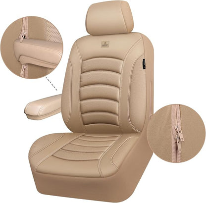 CAR PASS 3D Foam PU Leather Car Seat Covers, Universal Seat Covers Front 2 for Trucks SUV Sedan Automotive Seat Covers Armrest Airbag Compatible Waterproof Comfortable Faux Nappa Leather All Beige - Image 8