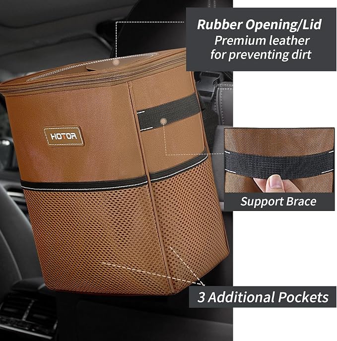 HOTOR Brown Car Trash Can with Adjustable Strap, Magnetic Snaps, Waterproof Lining, and Storage Pocket | Brown, Multifunctional Car Accessory with Adjustable Straps & Magnetic Snaps for Interior Car Storage - Image 7