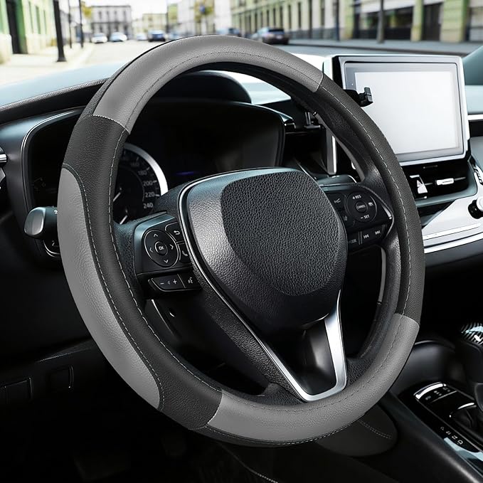 SEG Direct Car Steering Wheel Cover for Prius Civic Model 3 / Y 14"-14.25" | Small Size 35.5-36 cm for Camaro, Microfiber Leather, Anti-Slip Comfortable Grip, Auto Interior Accessories, Black and Gray by SEGDirect