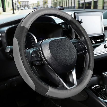 SEG Direct Car Steering Wheel Cover for Prius Civic Model 3 / Y 14"-14.25" | Small Size 35.5-36 cm for Camaro, Microfiber Leather, Anti-Slip Comfortable Grip, Auto Interior Accessories, Black and Gray by SEGDirect