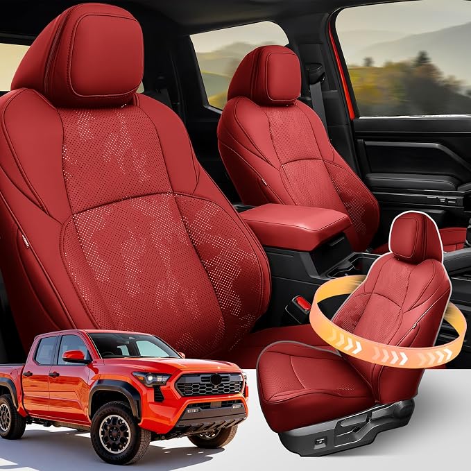 DiffCar® Seat Covers for Toyota Tacoma 2026 2025 2024 Double Cab(Gas Only), Front Seat & Console Covers Only, Faux Nappa Leather Custom Fit Car Protectors Accessories for Tacoma 4th Gen, Red Camo - Image 6