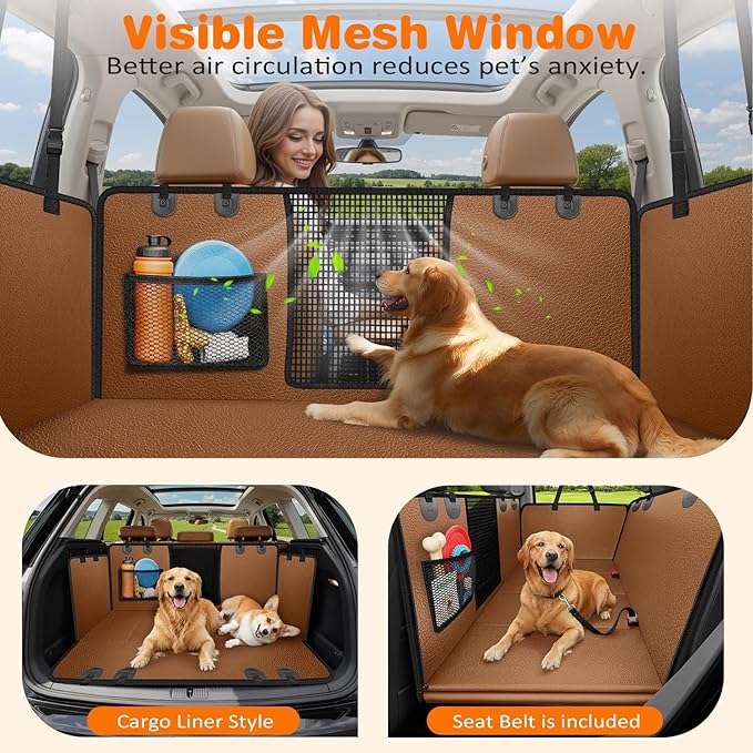 URPOWER XL Hard Bottom Dog Seat Cover for Full-Size Truck Back Seat | 400 lbs Support, 45% More Space, PU Leather, Waterproof, Scratch Resistant, Non-Slip, Mesh Window, Dog Seat Belt Included - Image 4