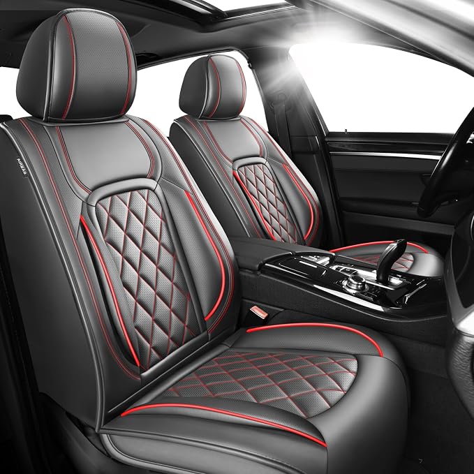 Fit Venza Premium Leather Car Seat Covers for Toyota Venza 2009-2025 2026 - Waterproof，Breathable，All-Weather Seat Cushion Protecto & Airbag Compatible, 2 Front Seat Red Line Black by Unknown