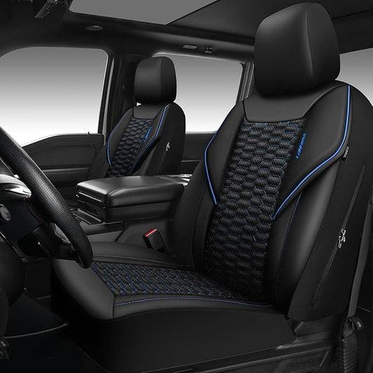 CAR PASS 3D Foam PU Leather Car Seat Covers Front Seats, Blue Faux Leather Front Seat Covers for Car, Universal Fit for SUV Truck Sedan Automotive, Armrest Airbag Compatible,Black and Blue by CARPASS
