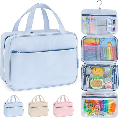 Kids Travel Organizer – Multi-Compartment, Water-Resistant Hanging Bag for Toys, Snacks, & Activities - Compact, Lightweight Design with Hook & Carry Handle - Perfect for Travel Use (Blue, Large) by MOTHERCOULD
