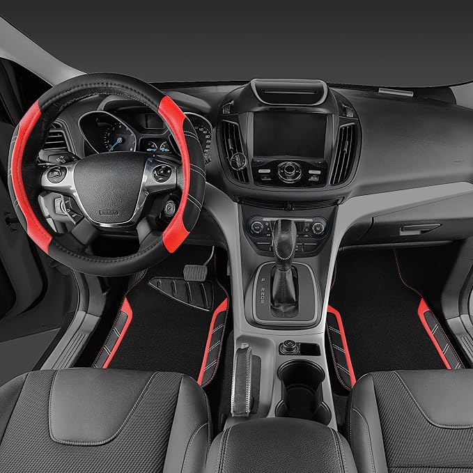 CAR PASS Leather Steering Wheel Cover and Waterproof Car Floor Mats,Microfiber Universal Car Combo Fit for 95% Sedan,SUV,Cars,14.5-15inch Sporty Anti-Slip Safety Comfortable Design(Black＆Red) - Image 3