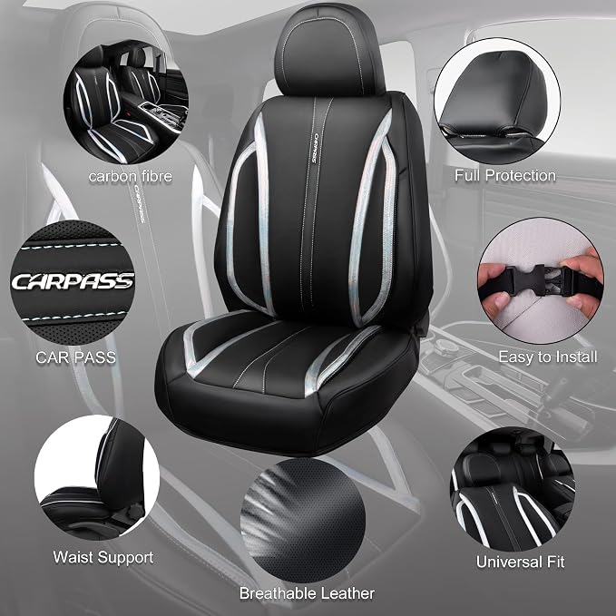 CAR PASS Nappa Leather Holographic Laser Car Seat Covers Front Seats Only Cushioned, Waterproof Waist Protector Universal fit for SUV Truck Pickup Luxury Stylish Elegant for Women Black Silver Strips - Image 5