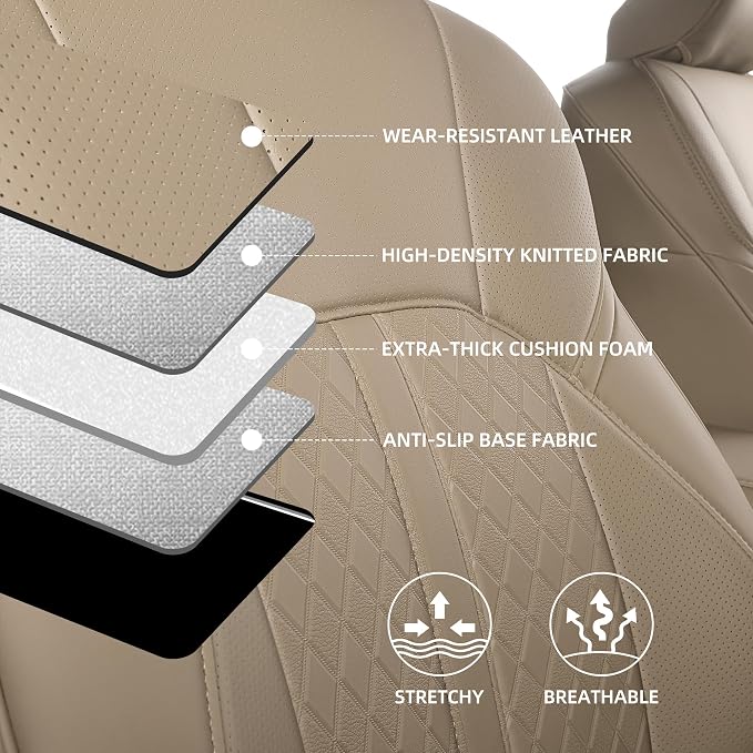 Custom Fit Camry Seat Covers for 2025 2026 Toyota Camry LE SE - Beige | Waterproof Faux Leather Full Coverage, Car Seat Protectors Full Set with Armrest Covers, Airbag Compatible - Image 7