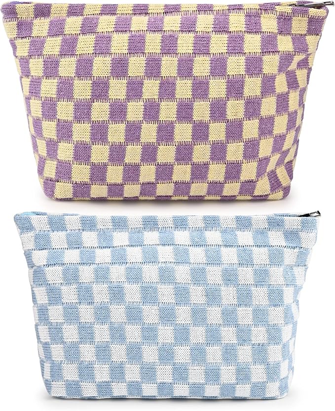 SOIDRAM 2 Pieces Makeup Bag Large Checkered Cosmetic Bag Capacity Canvas Travel Toiletry Bag Organizer Cute Makeup Brushes Aesthetic Accessories Storage Bag for Women,Checkered L Purple Light blue by SOIDRAM