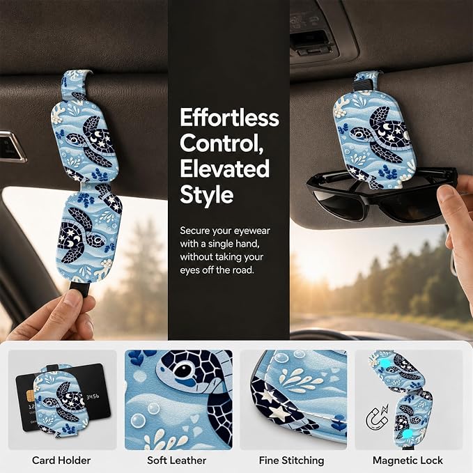 Sunglasses Holder for Car Visor, PU Leather Glasses Clip Organizer, Cute Magnetic Eyeglass Holder for Vehicle Sun Visor, Car Interior Accessory for Women & Men, Ocean Turtle - Image 5